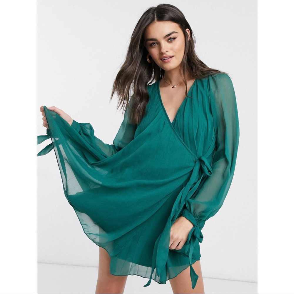 Asos green pleated wrap dress with long sleeves